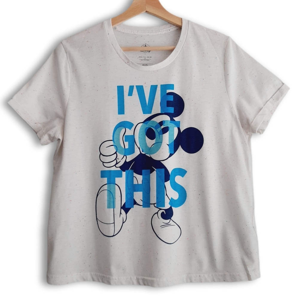DISNEY 'I've Got This' Blue Mickey Graphic Tee Confetti White Crew T-Shirt Sz L